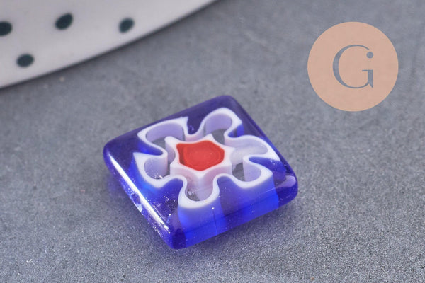 Perle carrée verre millefiori, perle verre,verre artisanal, perle bijou été,création bijoux 11mm, x5 (G5366)