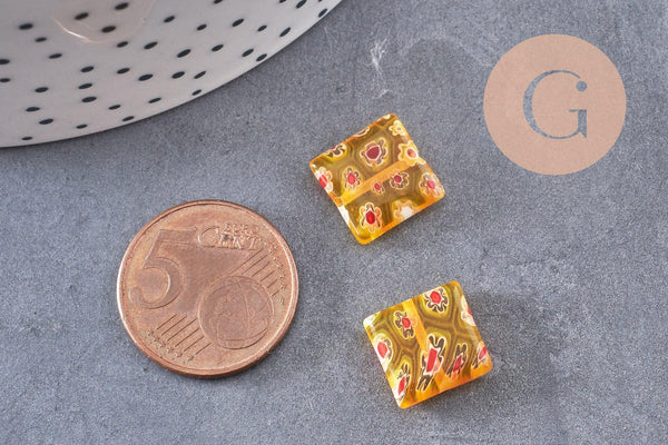 Perle carrée verre millefiori, perle verre,verre artisanal, perle bijou été,création bijoux 11mm, x5 (G5366)