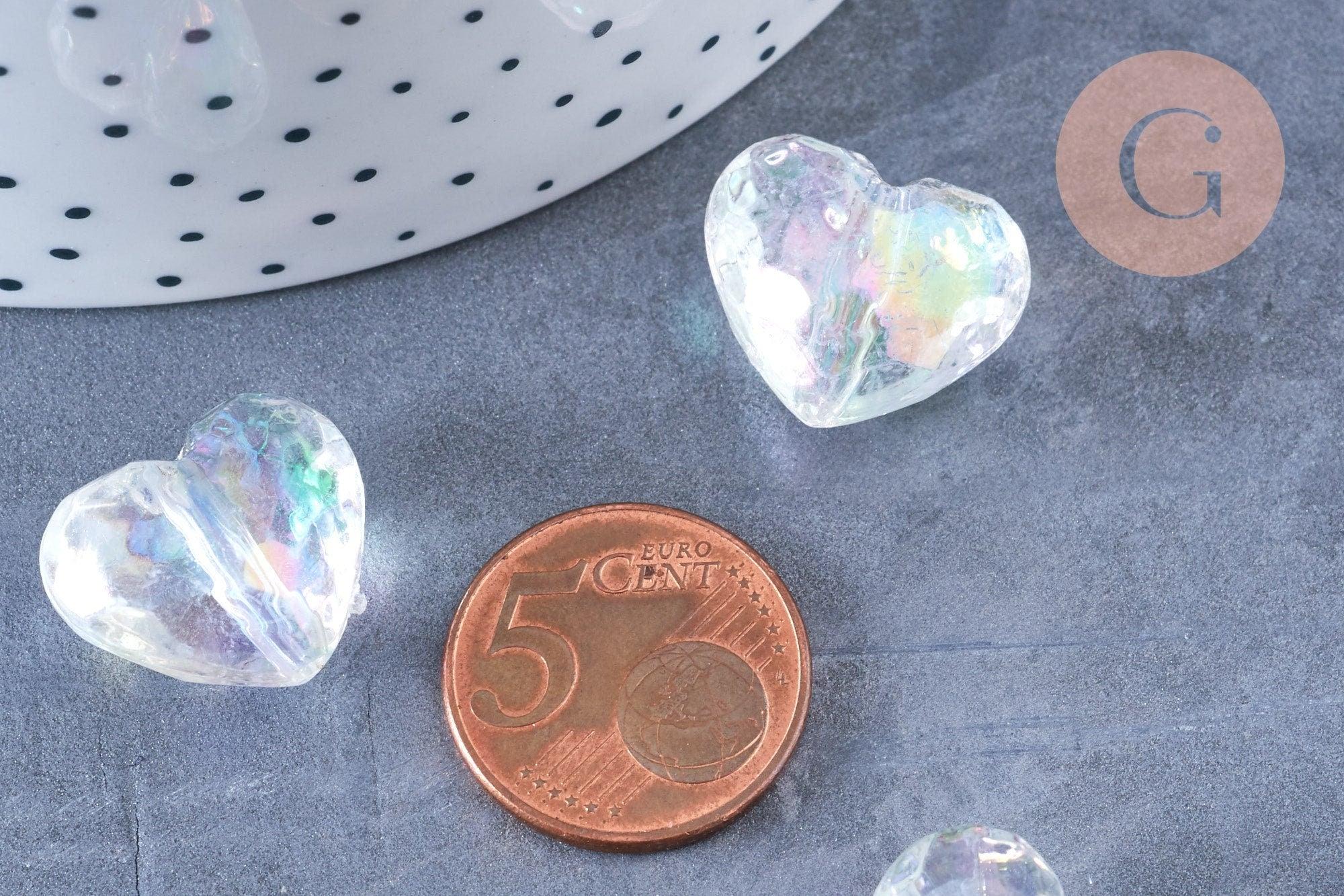 Perle coeur facette plastique transparent irisé 16mm , perle plastique coeur,x 5 perles G6436