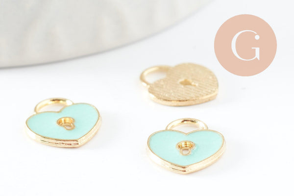 Perle coeur zamac doré cadenas émail vert 13x11mm, création bijou amour amitié x5 G5309