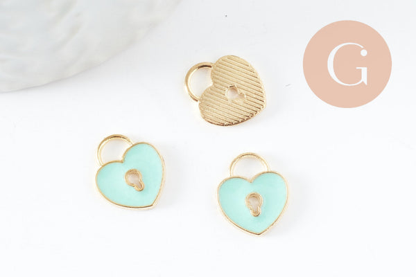 Perle coeur zamac doré cadenas émail vert 13x11mm, création bijou amour amitié x5 G5309