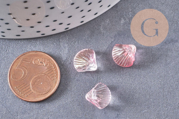 Perle coquillage verre transparent rose clair, perles verre tchèque, perle coquille, verre rose,10.5mm, x10 perles (G5438)