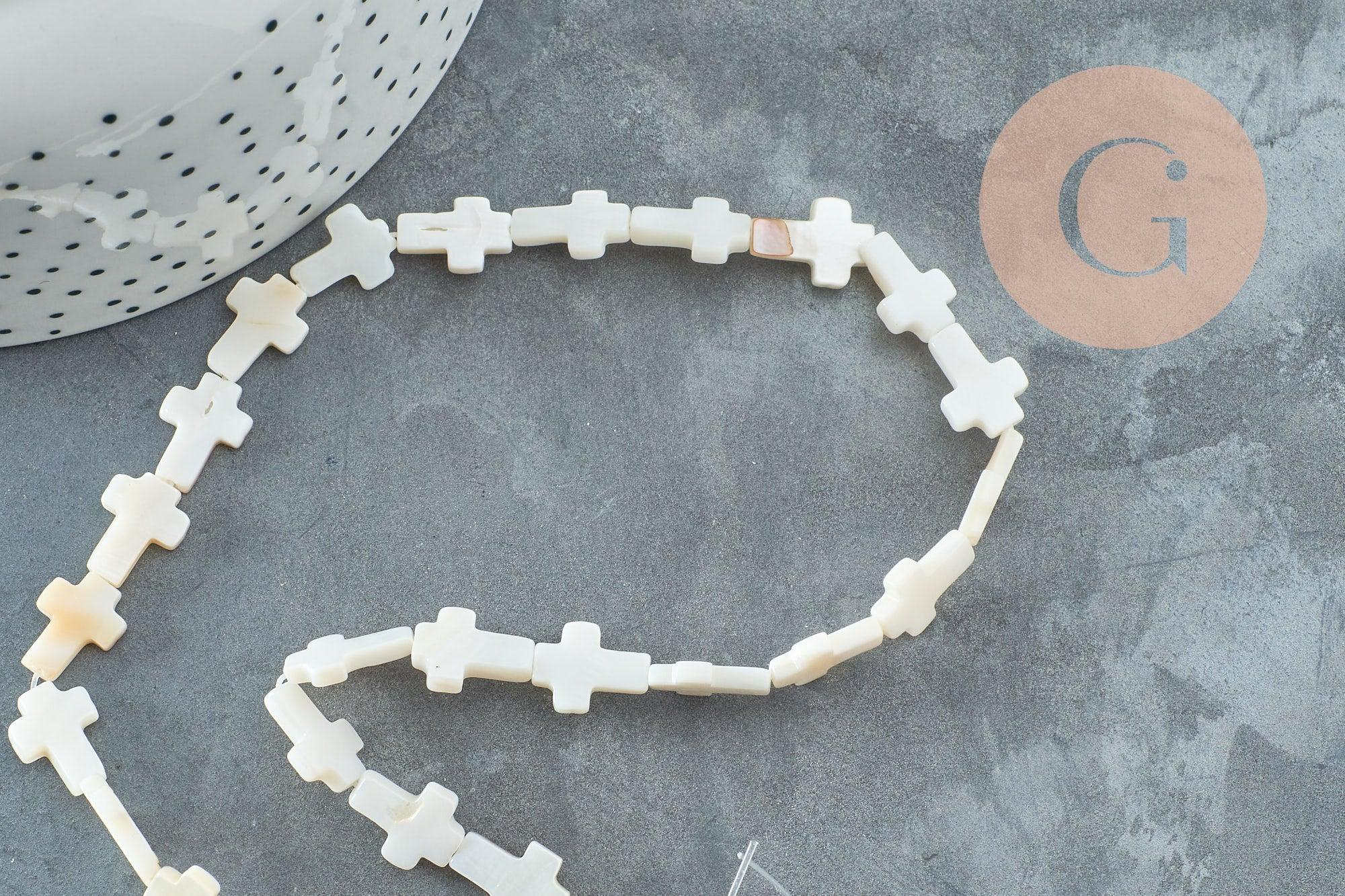 Perle croix nacre blanche naturelle, perle croix, coquillage blanc,12mm, le fil de 38cm, x1 G3053