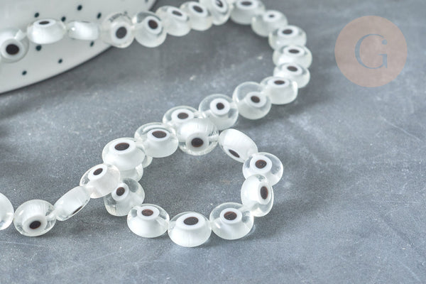 Perle disque Mauvais Oeil Grecque verre transparent, le fil de 36.9cm,perle verre chance, perle artisanale verre, x1 (G7802)