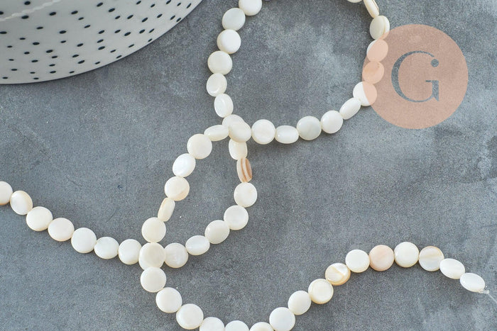 Perle disque nacre coquillage blanc naturel 6mm, x1 fil de 39cm (G5580)