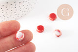 Perle disque porcelaine rouge-blanc 10-11mm, perle céramique artisanale, x5 (G9346)