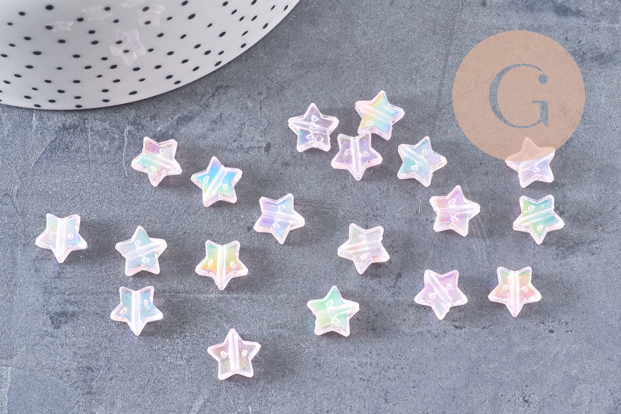Perle étoile plastique acrylique rose irisé 11mm, x 30 (7.4gr) (G3493)