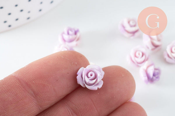 Perle fleur de rose résine violette 10x8mm, création bijou doré fleur, bijou romantique, x10 (G6330)