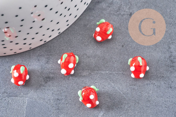 Perle fraise fruit rouge verre tchèque artisanal 25mm, x5 (G3257)