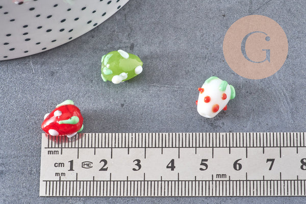 Perle fraise fruit rouge verre tchèque artsianal multicolore 25mm, x5 (G3254)