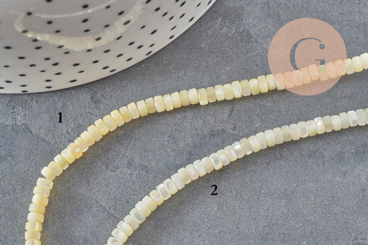 Natürliche pastellgelbe Heishi-Perle aus Perlmutt, farbige Muschel-Tube, 2x4mm, 20cm-Strang, x1 (G4476)