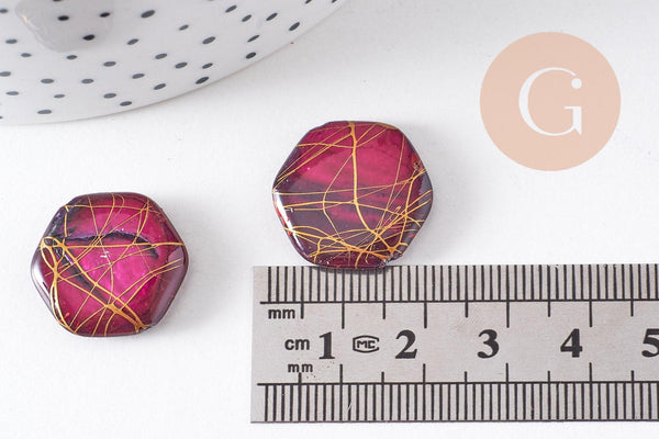 Perle hexagone nacre naturelle rose fuchsia or 20mm, x20 perles (G3855)