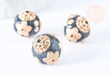 Perle indonesienne polymère noir strass et zamac doré 14mm,bijou ethnique exotique, x1 (G6570)