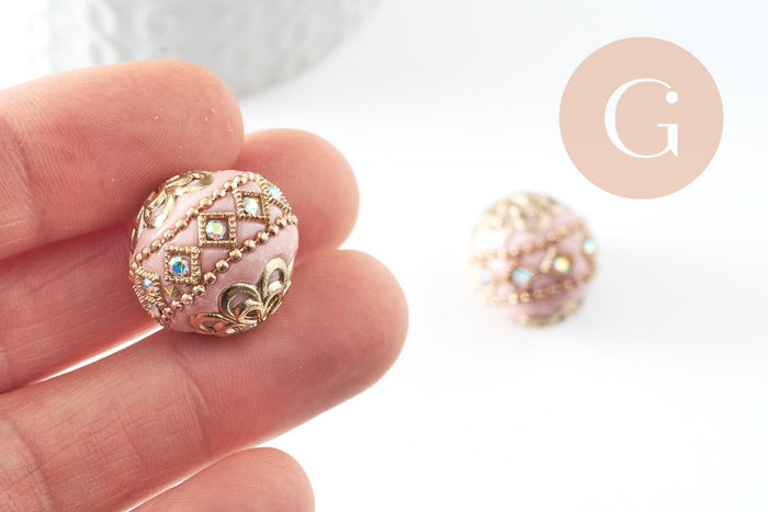 Perle indonésienne polymère rose clair strass et zamac doré 19.5mm,création bijou ethnique exotique, x1 G6253