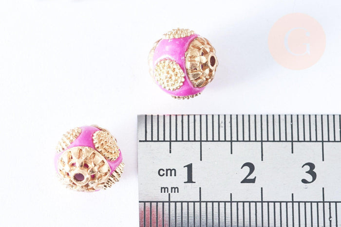 Perle indonesienne polymère rose fuchsia strass et zamac doré 12mm, ethnique exotique, x1 (G6571)