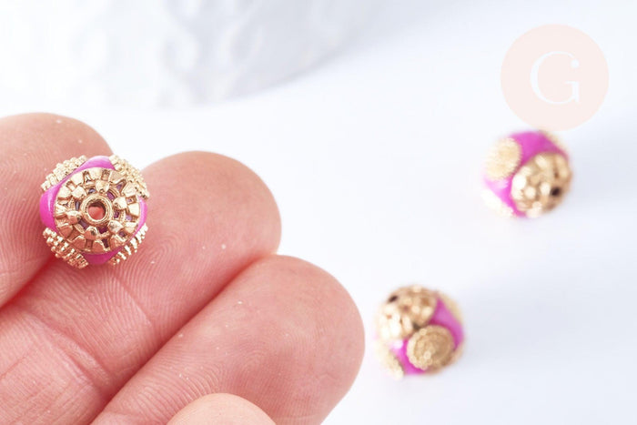 Perle indonesienne polymère rose fuchsia strass et zamac doré 12mm, ethnique exotique, x1 (G6571)
