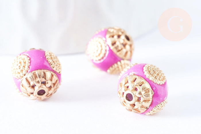 Perle indonesienne polymère rose fuchsia strass et zamac doré 12mm, ethnique exotique, x1 (G6571)