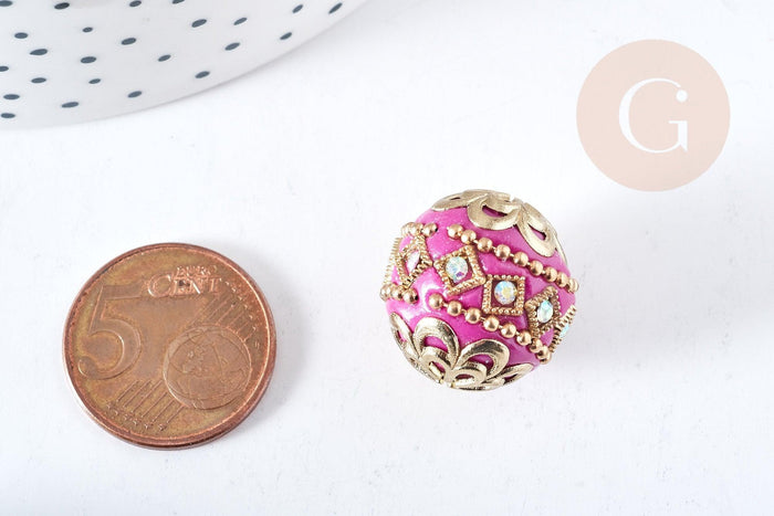 Perle indonesienne polymère rose fuchsia strass et zamac doré, ethnique exotique, 19.5mm x1 (G8458)