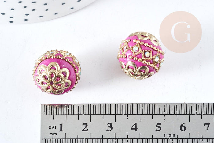 Perle indonesienne polymère rose fuchsia strass et zamac doré, ethnique exotique, 19.5mm x1 (G8458)
