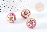 Perle indonesienne polymère rose fuchsia strass et zamac doré, ethnique exotique, 19.5mm x1 (G8458)