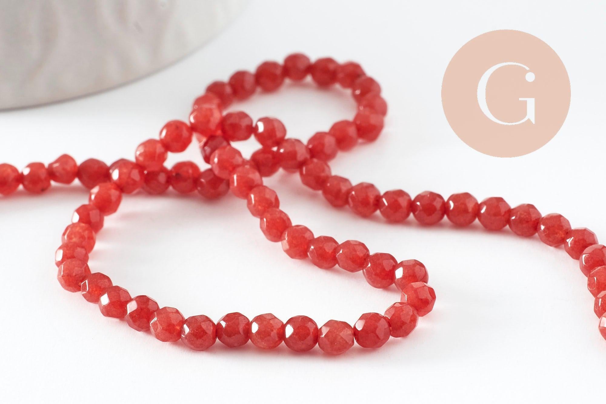 Perle jade rouge vif ,pierre naturelle,jade naturel, perle facette,jade,4mm,fil de 37 cm (G0887)
