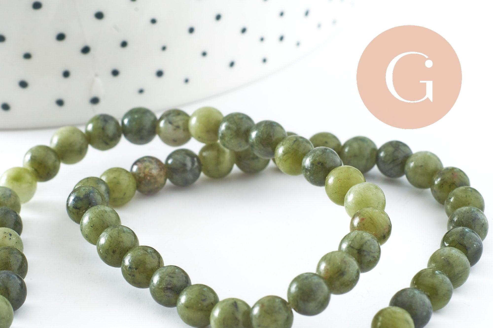 Perle jade vert olive ronde naturelle 6mm, x1 fil de 38cm (G3804)