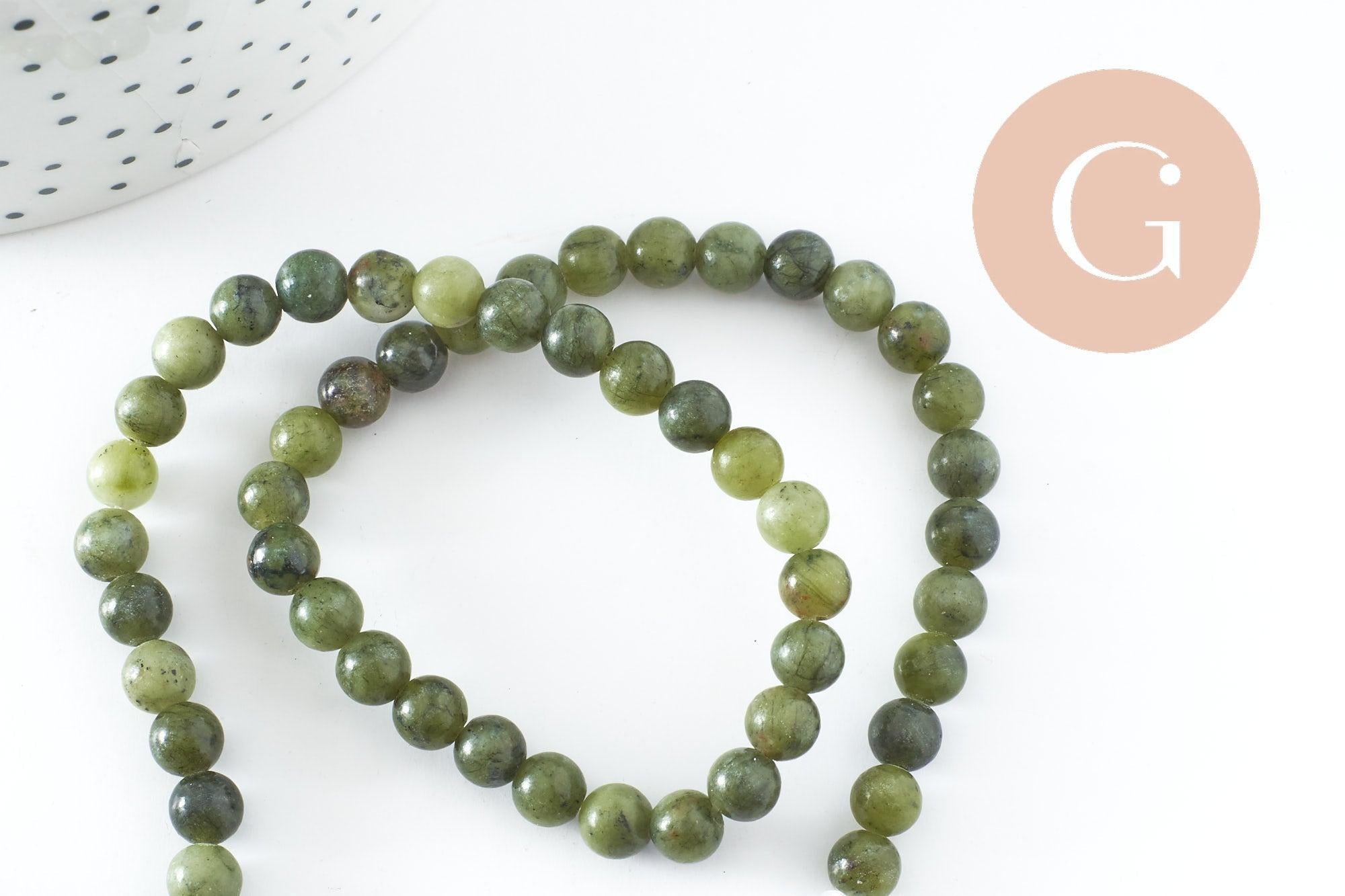 Perle jade vert olive ronde naturelle 6mm, x1 fil de 38cm (G3804)