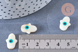 Perle main nacre blanche mauvais oeil bleu 15-16mm, x1 (G6590)