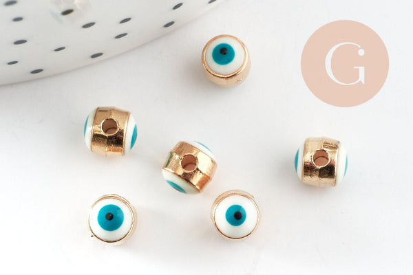 Perle mauvais œil doré émail blanc laiton doré 5.5mm, x10 (G7119)