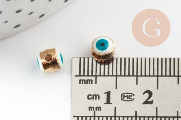 Perle mauvais œil doré émail blanc laiton doré 5.5mm, x10 (G7119)