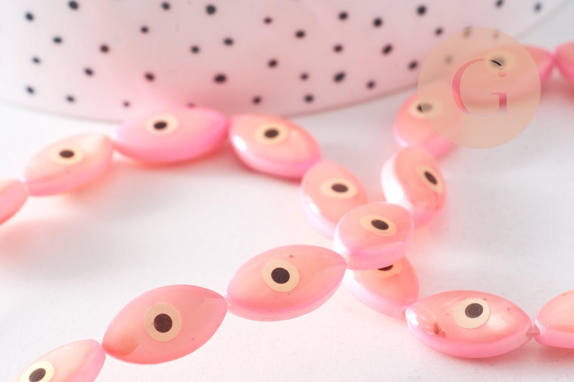 Perle navette nacre colorée mauvais oeil, bijou porte-bonheur,chance, gri-gri,15mm, fil de 25 perles, x1 (G0300)