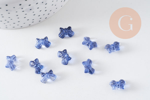 Perle noeud papillon verre bleu transparent irisé 9.5mm, x10 (G10597)