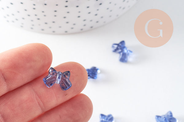 Perle noeud papillon verre bleu transparent irisé 9.5mm, x10 (G10597)