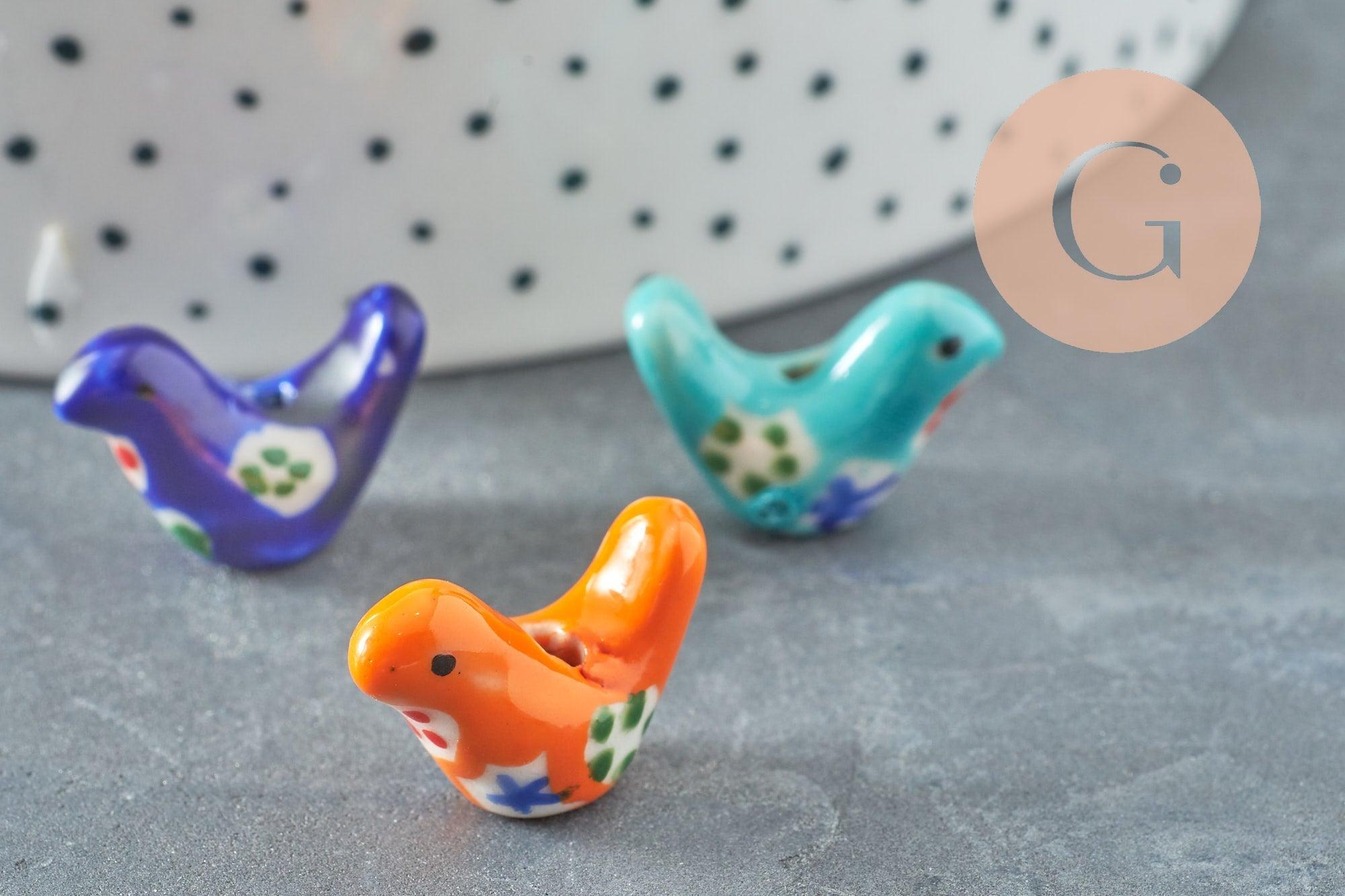Perle oiseau porcelaine multicolore décor fleurs 19mm, x1 (G9818)