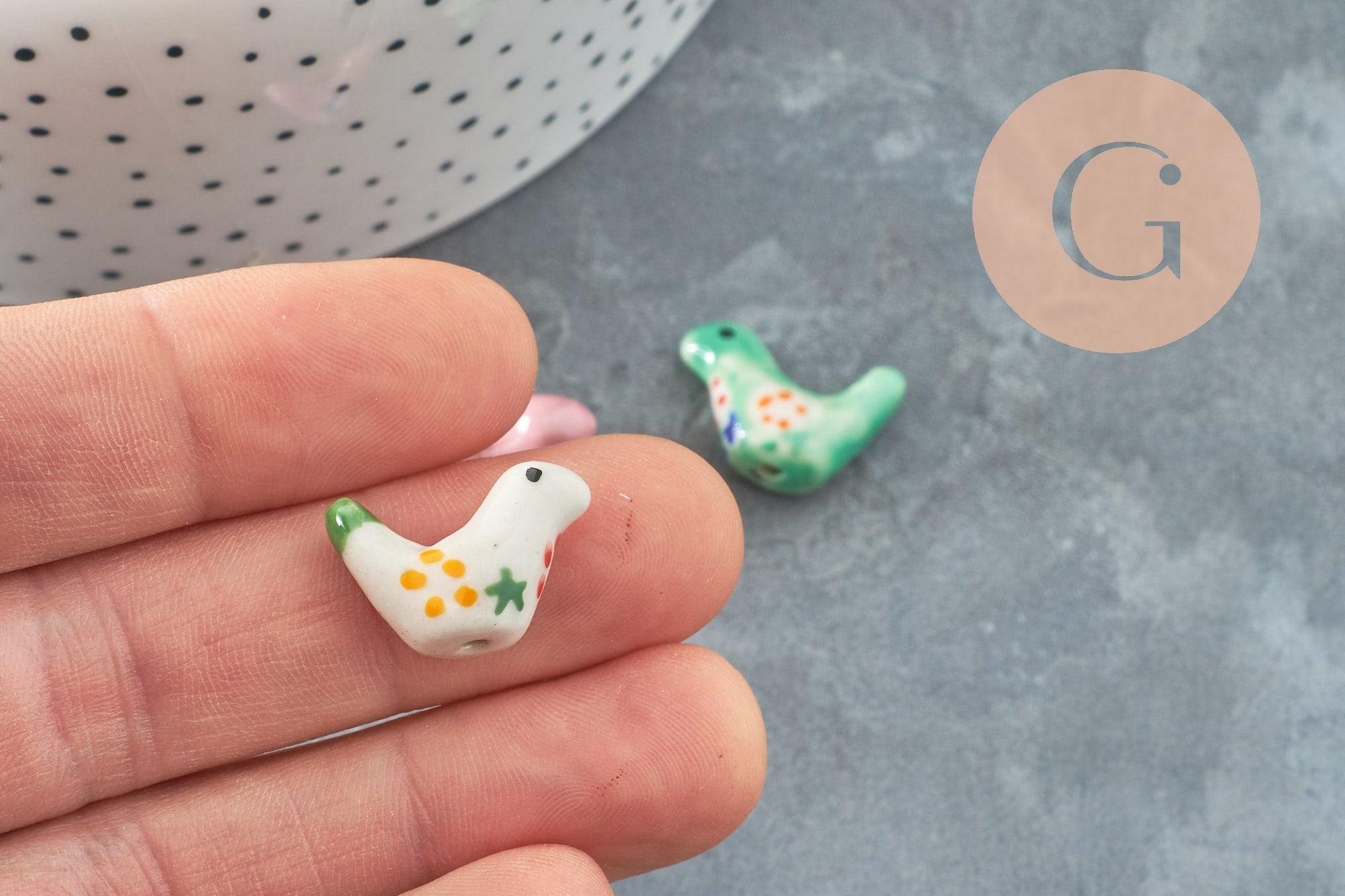 Perle oiseau porcelaine multicolore décor fleurs 19mm, x1 (G9818)