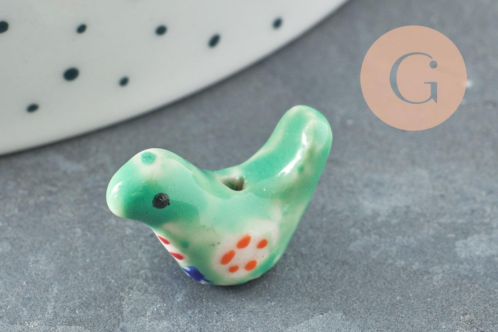 Perle oiseau porcelaine multicolore décor fleurs 19mm, x1 (G9818)