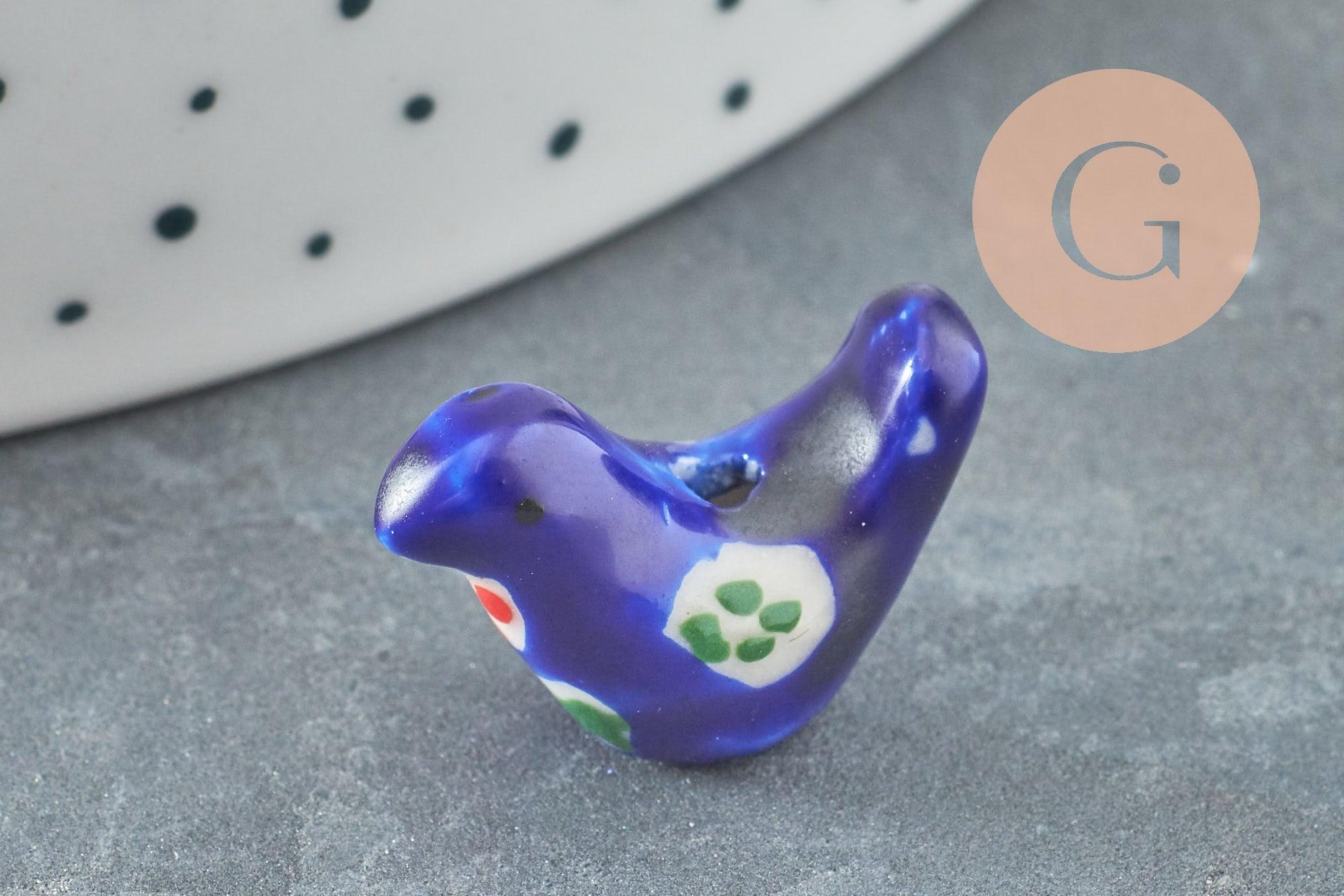 Perle oiseau porcelaine multicolore décor fleurs 19mm, x1 (G9818)