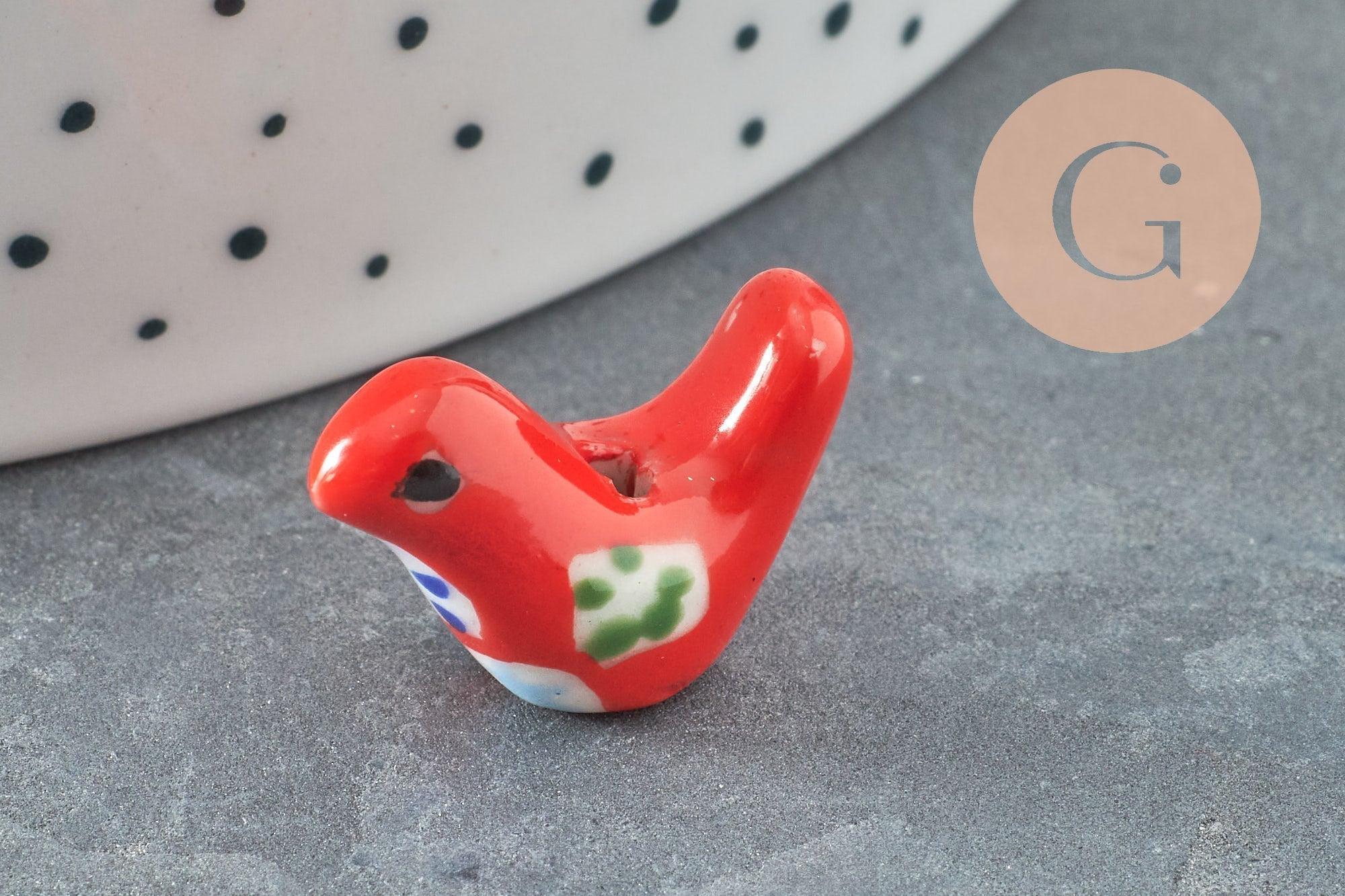 Perle oiseau porcelaine multicolore décor fleurs 19mm, x1 (G9818)