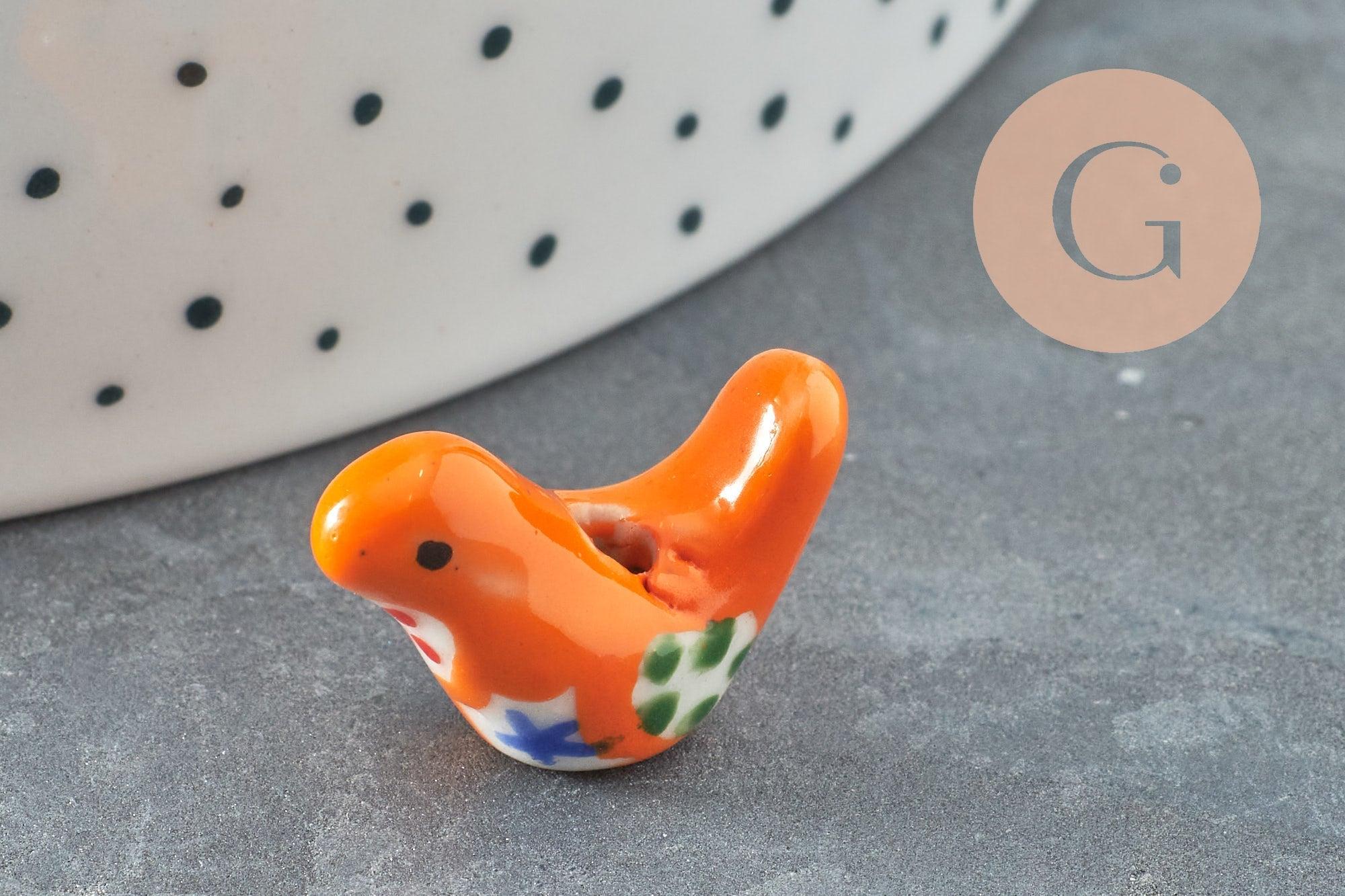 Perle oiseau porcelaine multicolore décor fleurs 19mm, x1 (G9818)