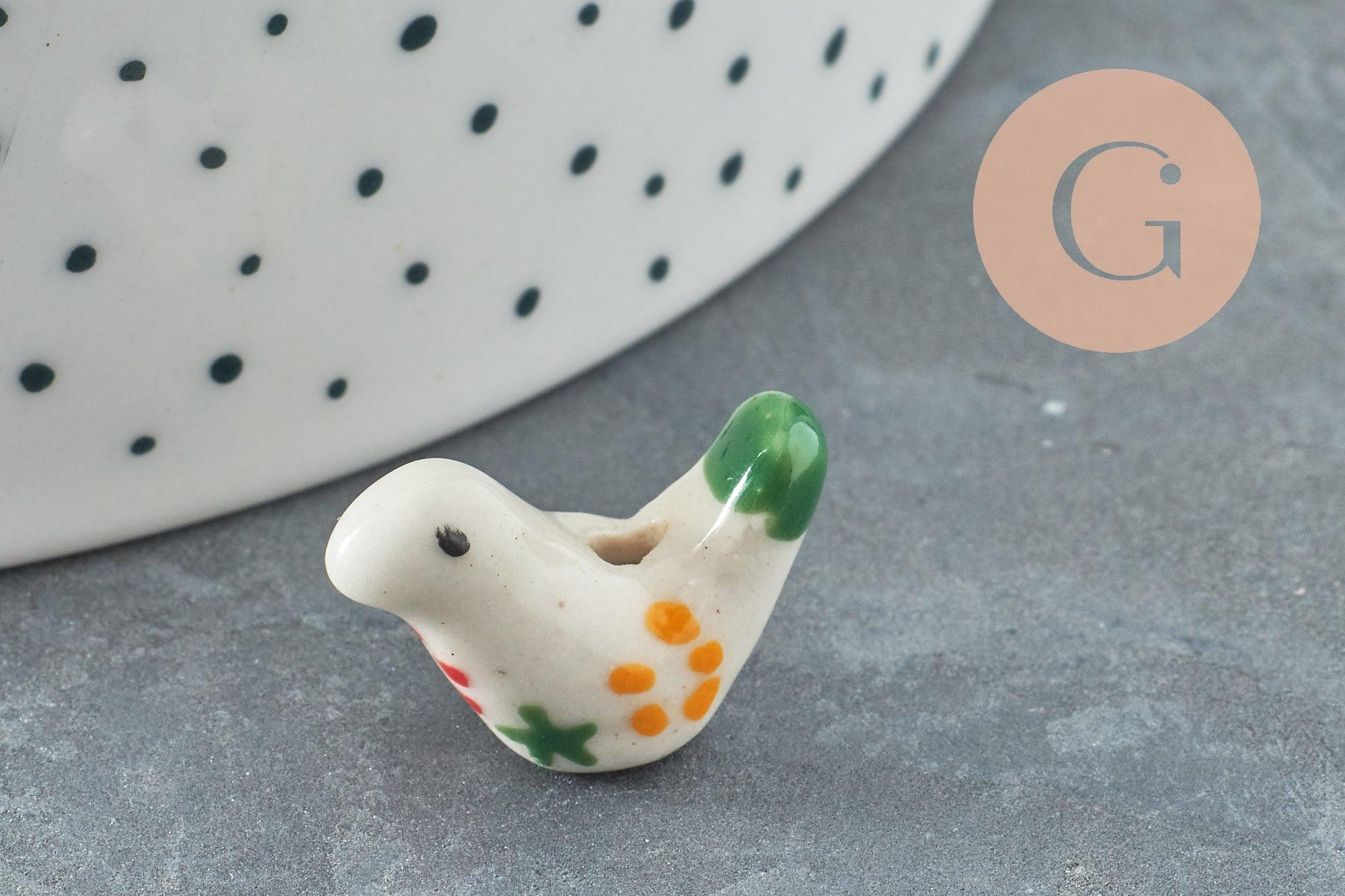 Perle oiseau porcelaine multicolore décor fleurs 19mm, x1 (G9818)