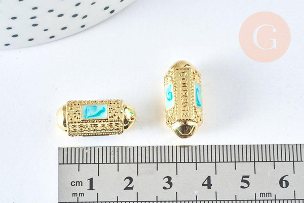 Perle ovale talisman message "courage" émail bleu doré18k 20 mm, perle dorée à message pour création bijoux, x1 G6993