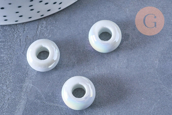 Perle porcelaine blanche irisé donut 15-16mm, perle céramique, céramique blanche, x10 (G3311)
