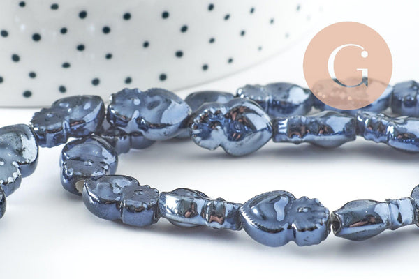 Perle porcelaine cœur bleu foncé irisé 16mm, x24 (G9791)