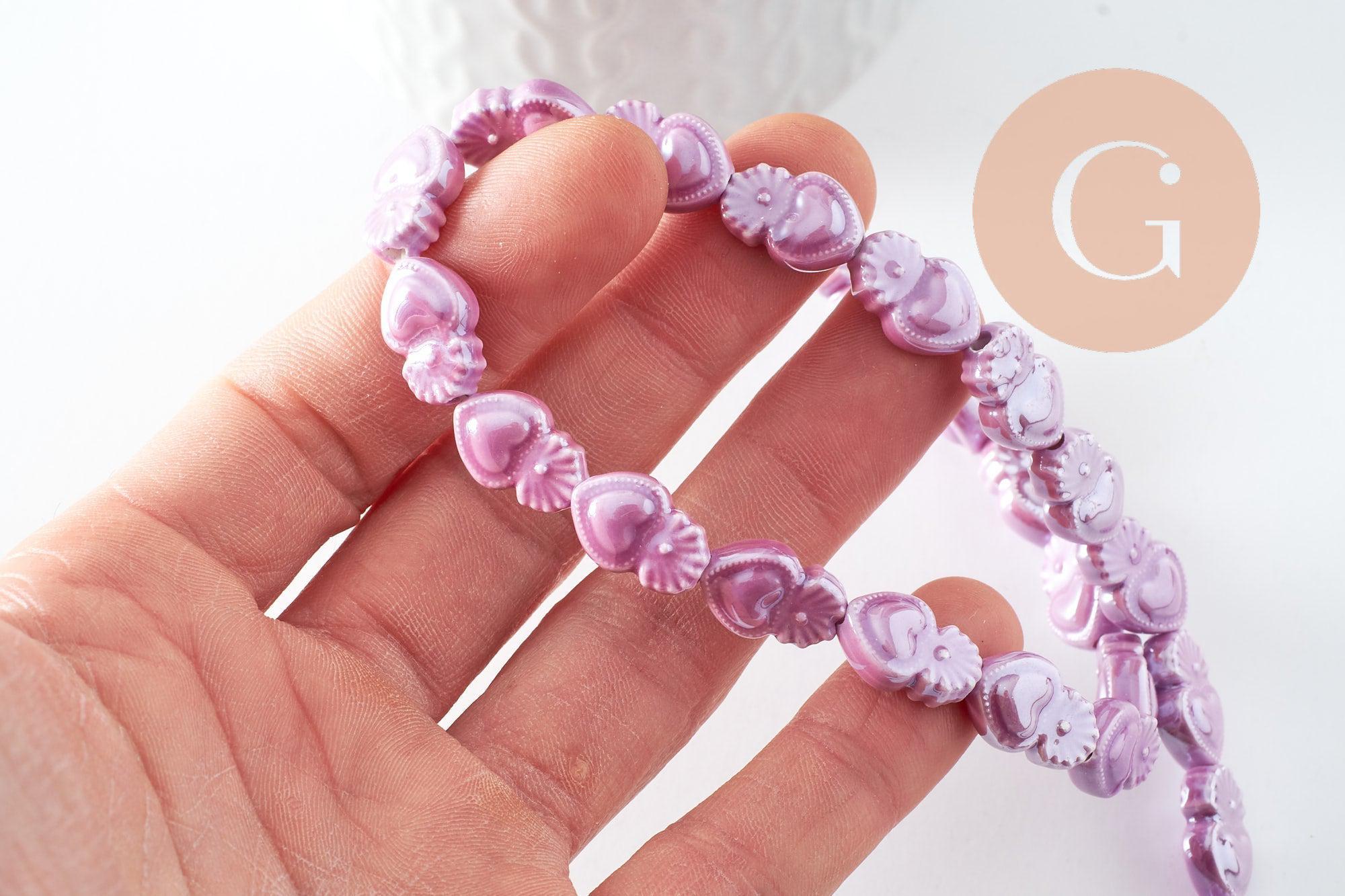 Perle porcelaine coeur violet irisé 16mm, x24 (G9799)