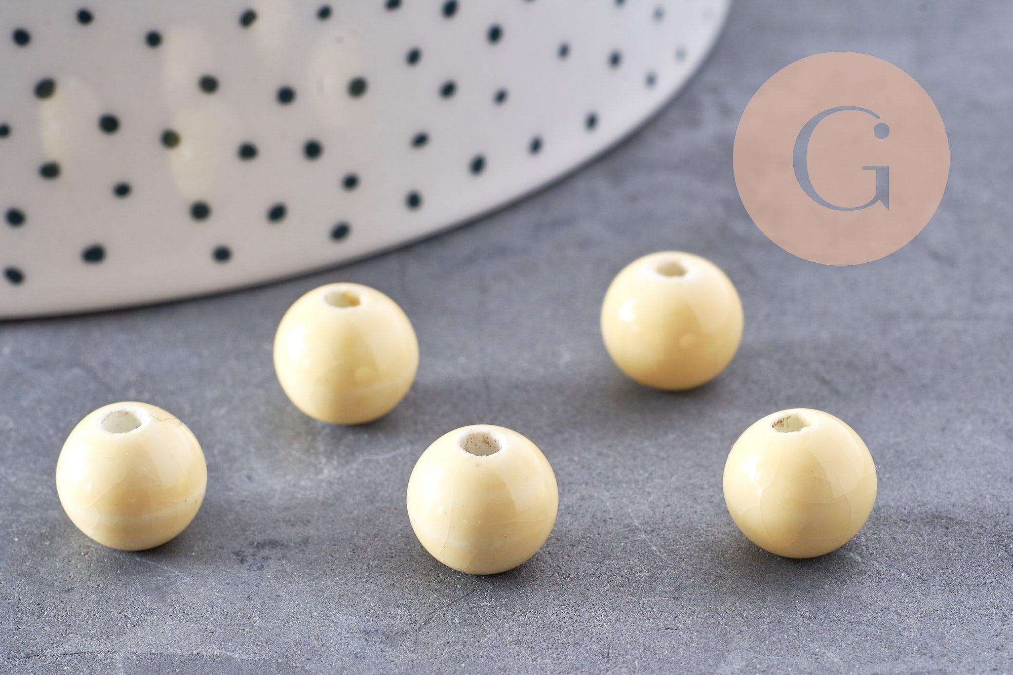 Perle porcelaine jaune pâle, perle ronde, création bijoux, 11m, x5 (G1370)