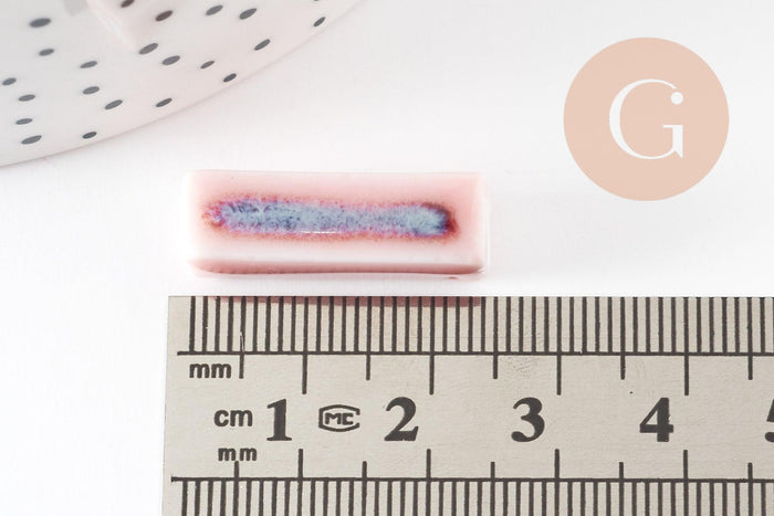 Perle porcelaine rectangle rose-bleu 25~29mm,création bijoux céramique, x5 (G9352)