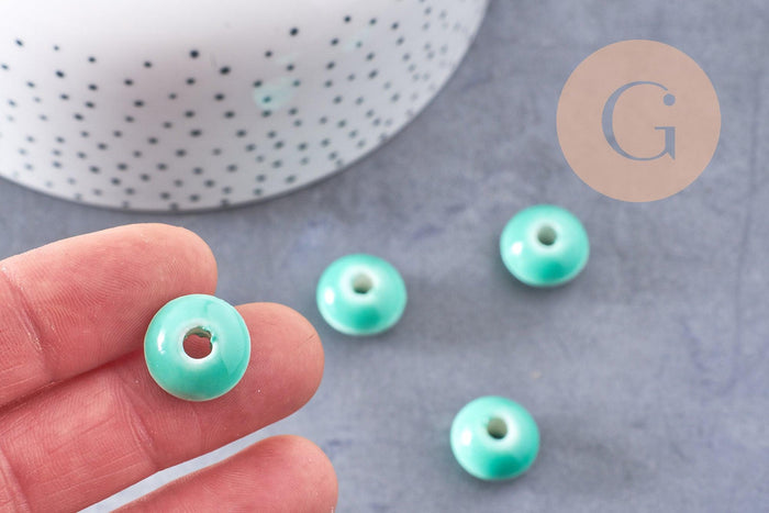 Perle porcelaine rondelle émail turquoise 12x7mm, création bijoux céramique, x10 (G7479)