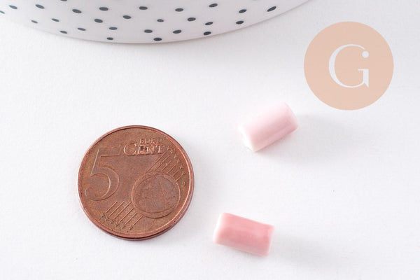 Perle porcelaine rose, perle céramique, porcelaine rose clair,perle tube, création bijoux,10mm, x5 G2542