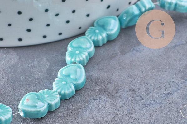 Perle porcelaine turquoise coeur irisé, perle céramique bleu, 16mm, x20 (G3973)