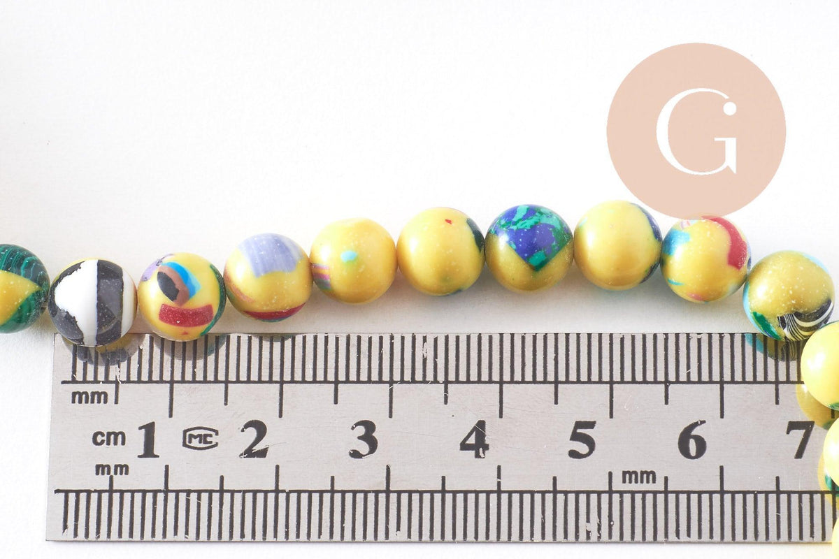 Perle résine ronde multicolore jaune, perle turquoise, turquoise synthétique, 8mm, fil de 40cm, x1 (G1702)